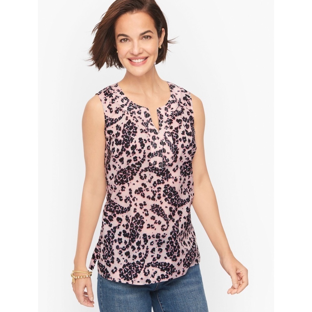 NWT Talbots Cotton Trapunto Popover Sleeveless Blouse in Leopard Paisley